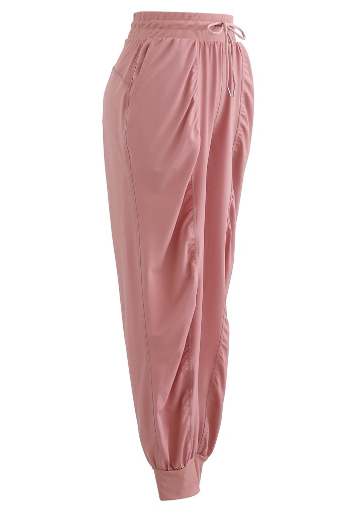 Drawstring Waist Ruched Detail Joggers in Dusty Pink