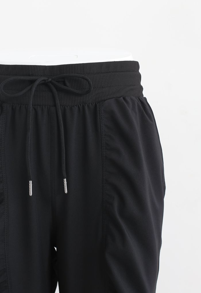 Drawstring Waist Ruched Detail Joggers in Black