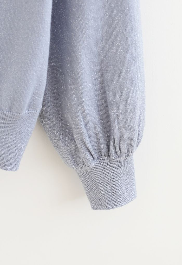 Pearl Trim Shimmer Knit Top in Blue