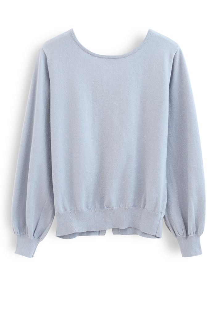 Pearl Trim Shimmer Knit Top in Blue