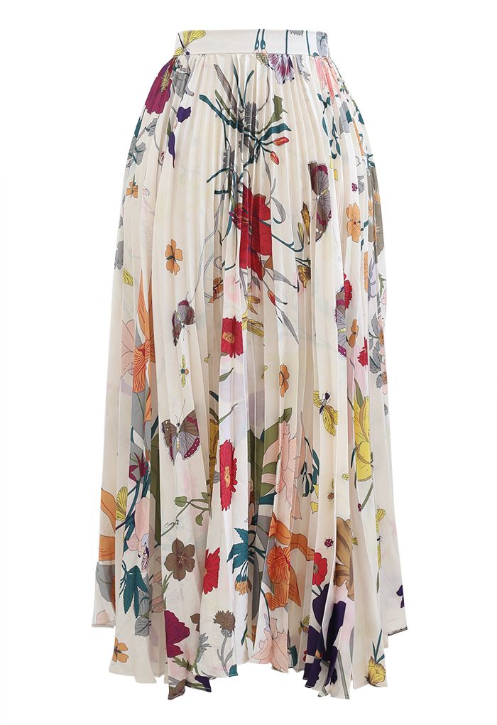 Tropical Floral Print Pleated Midi Skirt