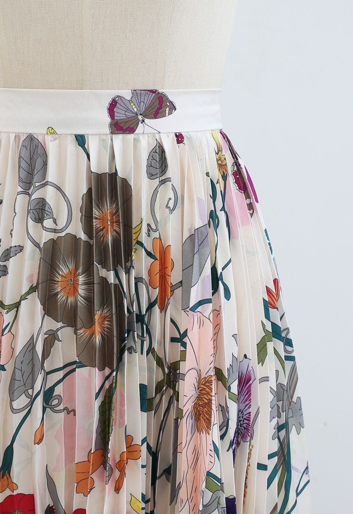 Tropical Floral Print Pleated Midi Skirt