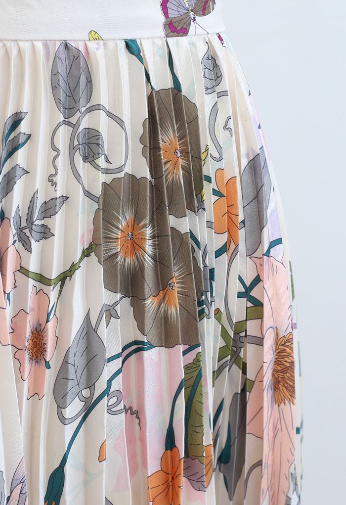Tropical Floral Print Pleated Midi Skirt