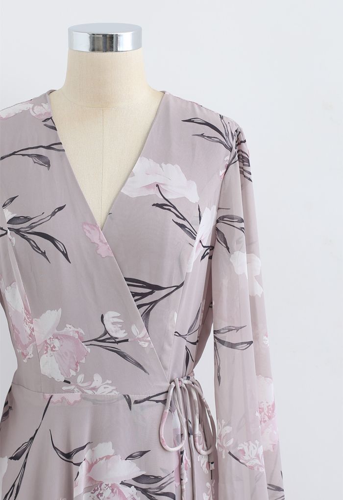 Stunning Lavender Floral Print Wrap Chiffon Maxi Dress