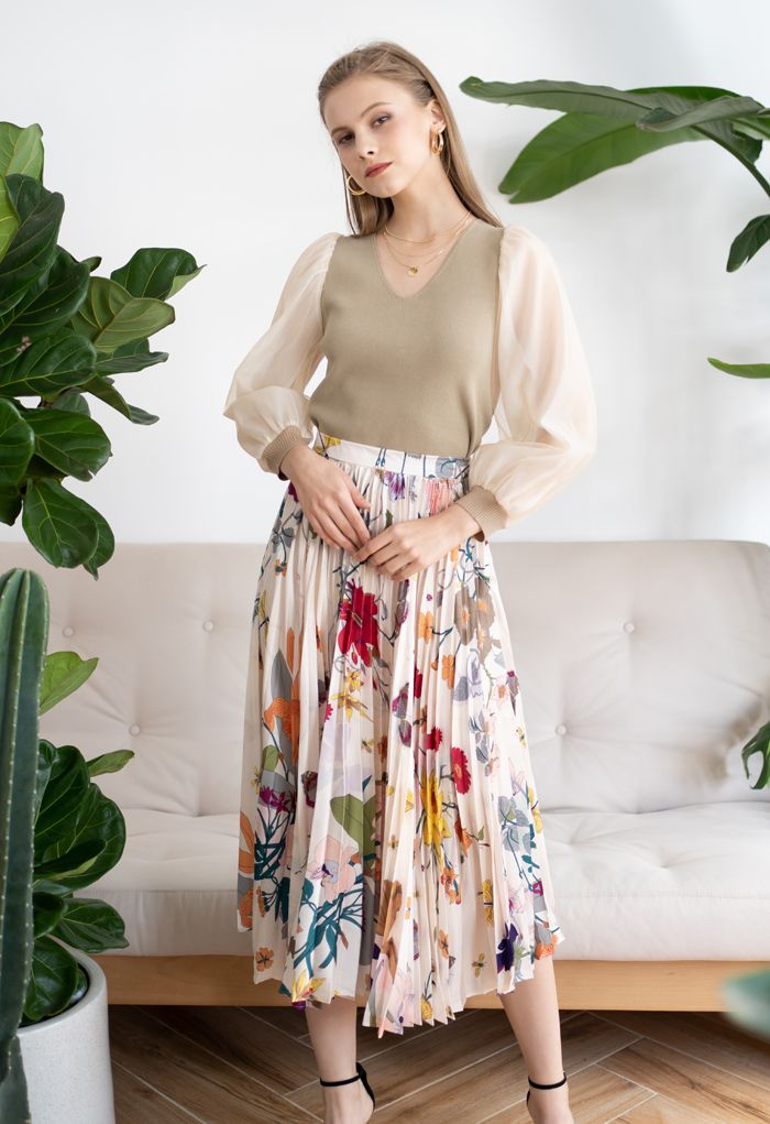 Tropical Floral Print Pleated Midi Skirt