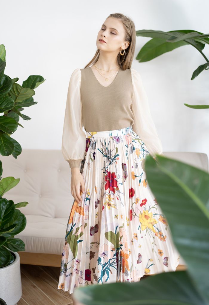 Tropical Floral Print Pleated Midi Skirt
