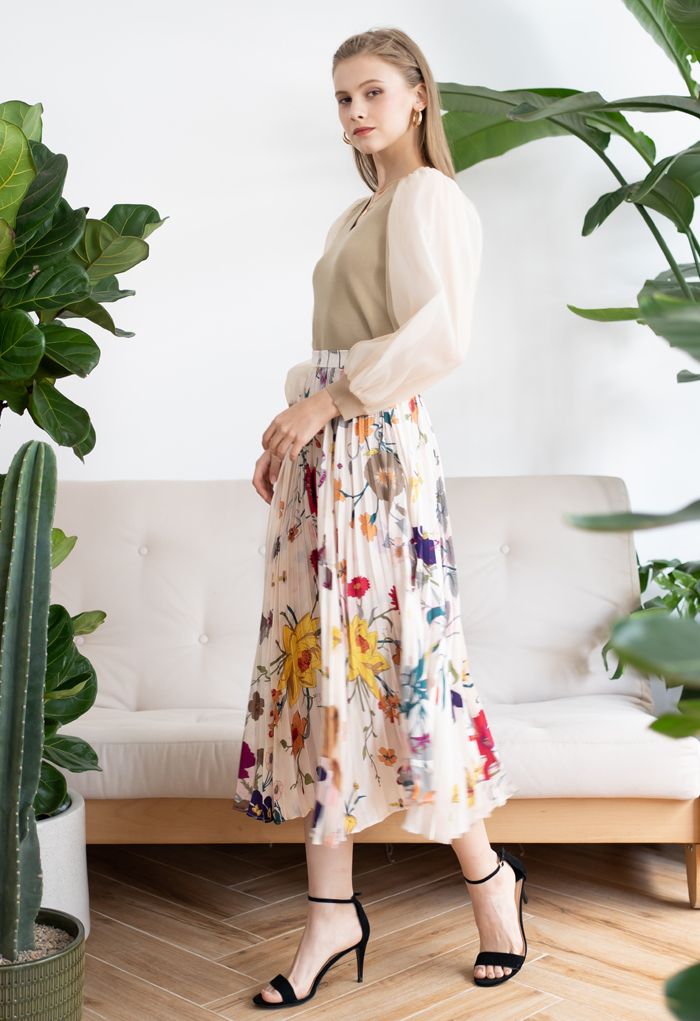Tropical Floral Print Pleated Midi Skirt