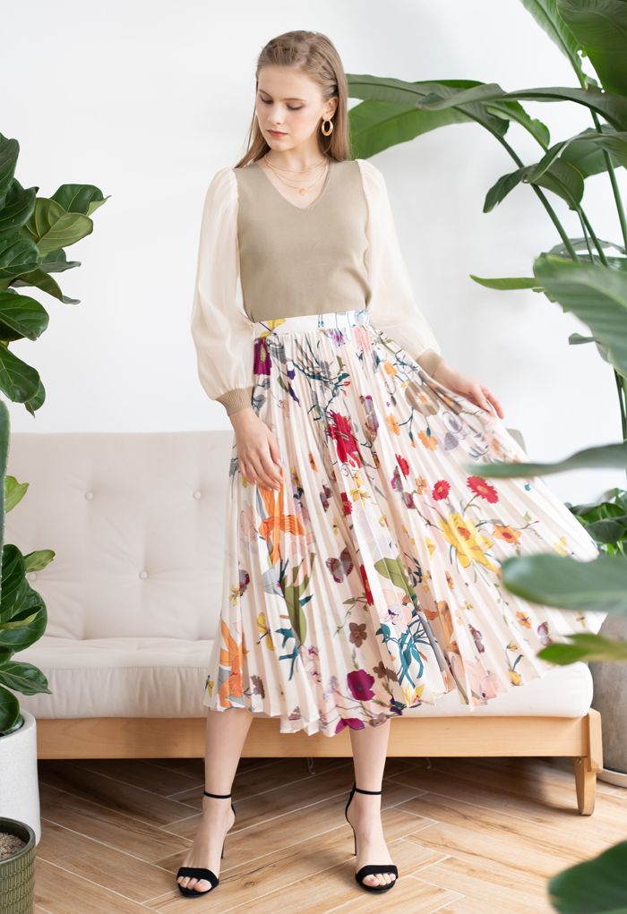 Tropical Floral Print Pleated Midi Skirt