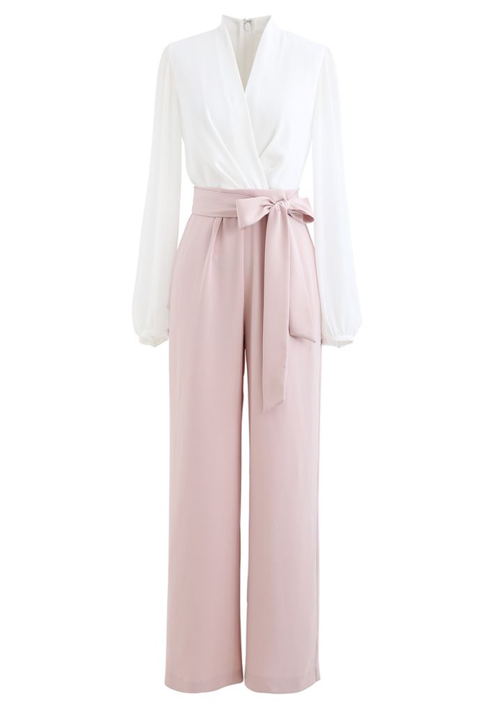 V-Neck Surplice Belted Jumpsuit in Pink