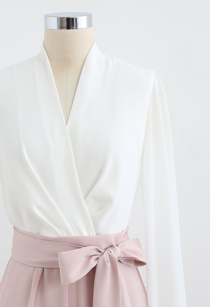 V-Neck Surplice Belted Jumpsuit in Pink