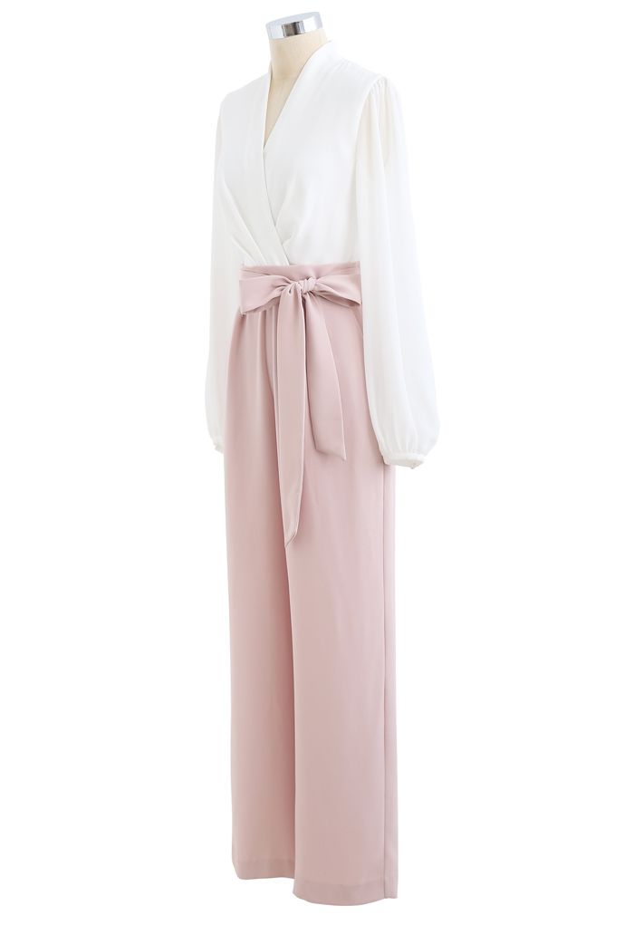 V-Neck Surplice Belted Jumpsuit in Pink
