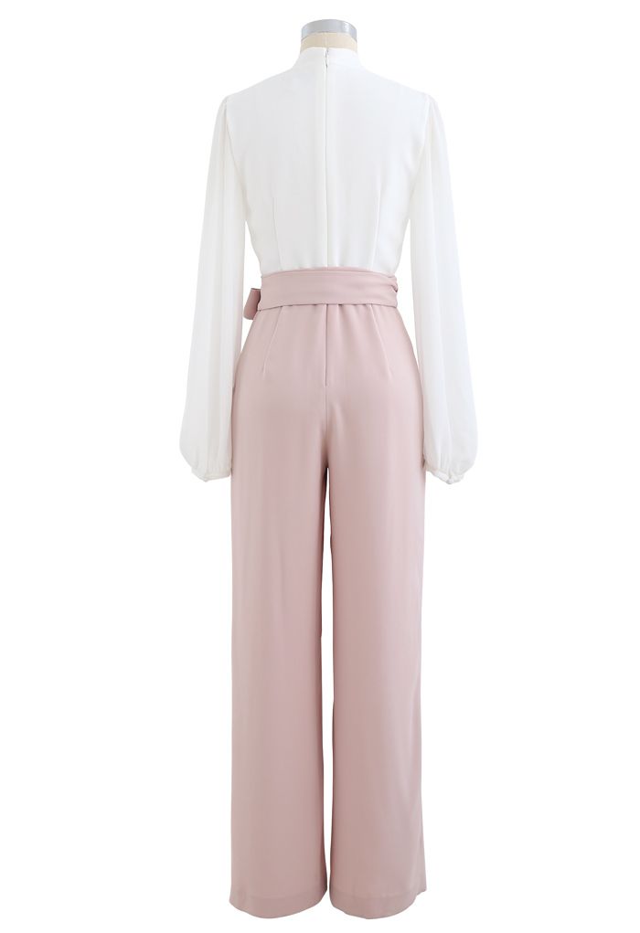 V-Neck Surplice Belted Jumpsuit in Pink