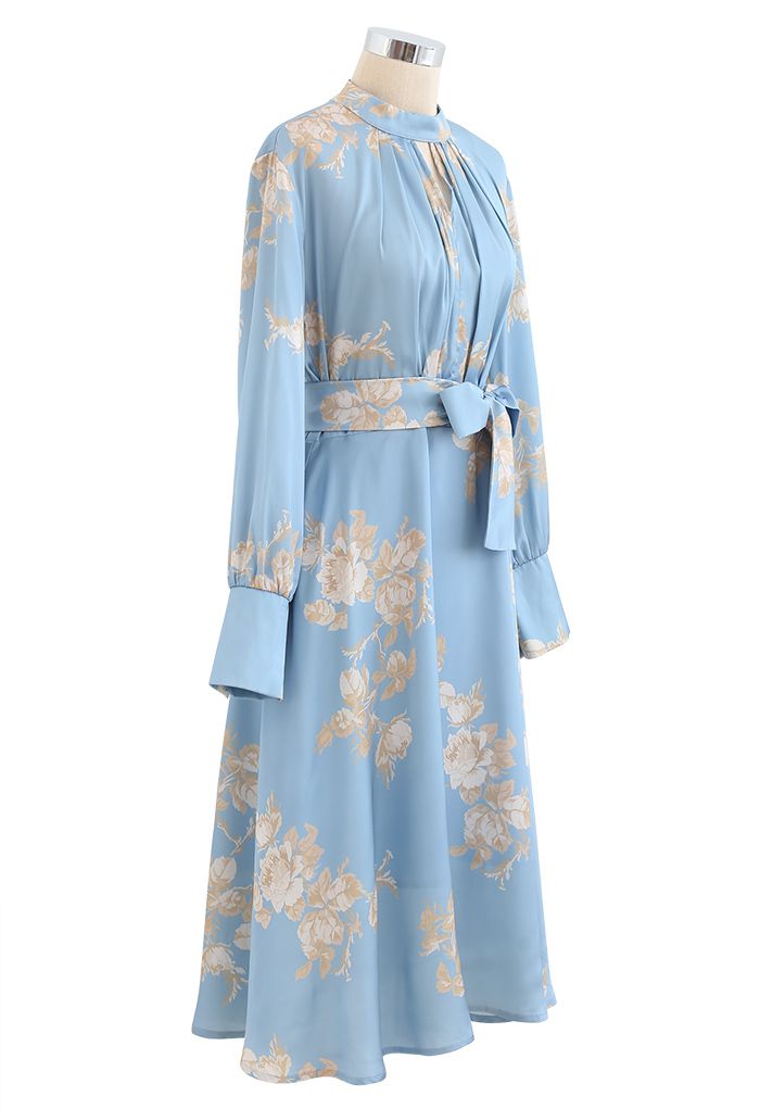 Grab the Spotlight Floral Bowknot Satin Dress in Blue