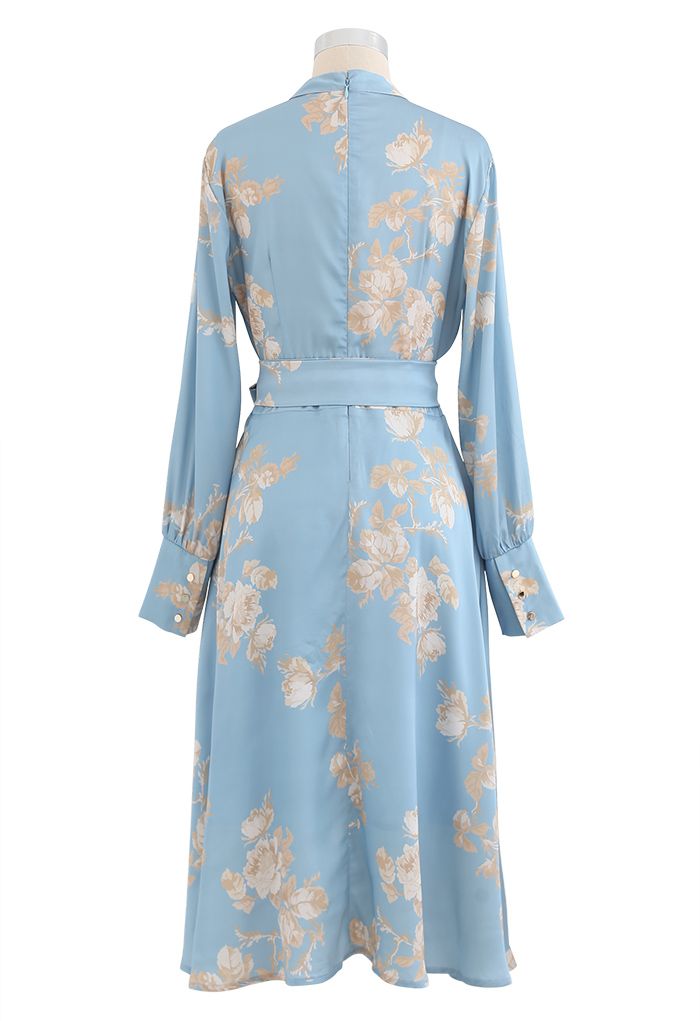 Grab the Spotlight Floral Bowknot Satin Dress in Blue