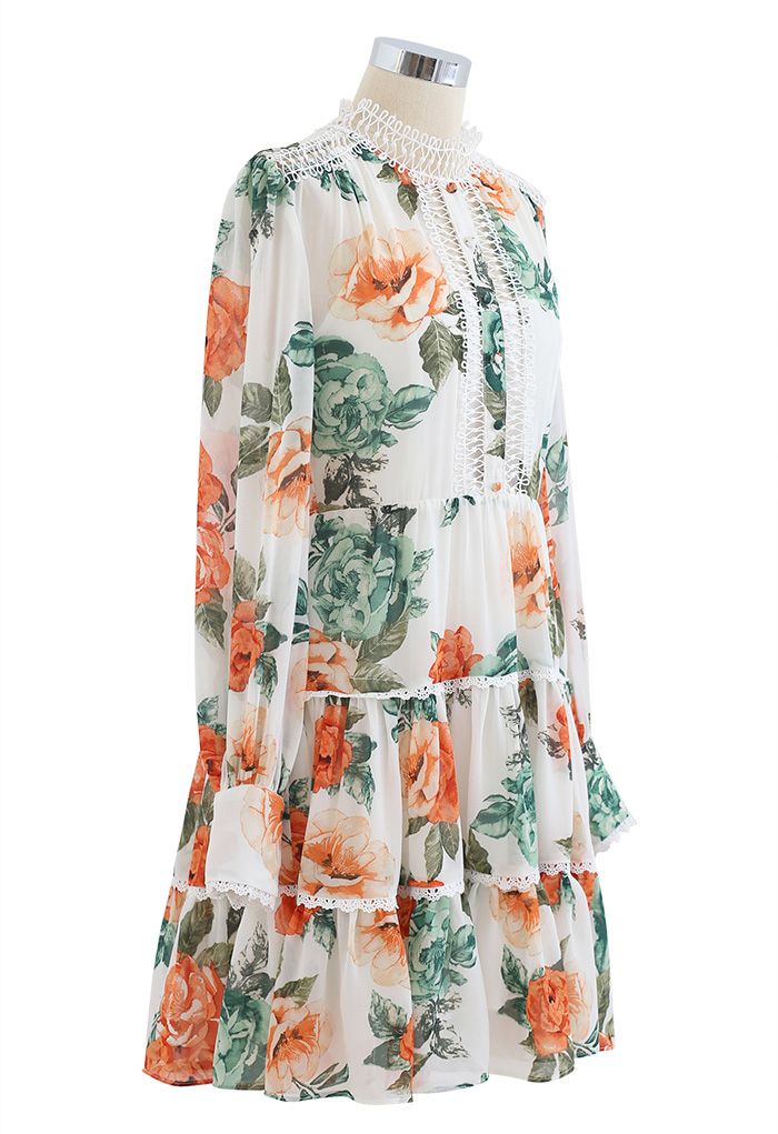 Floral Print Crochet Trim Frilling Chiffon Dress in White