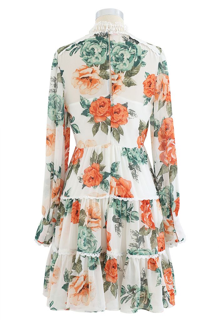 Floral Print Crochet Trim Frilling Chiffon Dress in White