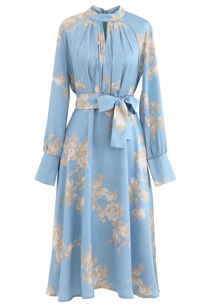 Grab the Spotlight Floral Bowknot Satin Dress in Blue
