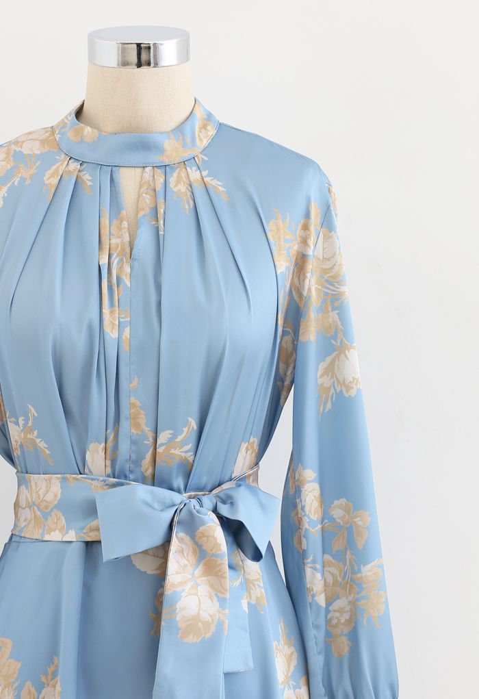 Grab the Spotlight Floral Bowknot Satin Dress in Blue