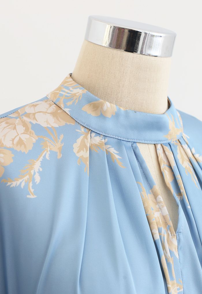 Grab the Spotlight Floral Bowknot Satin Dress in Blue