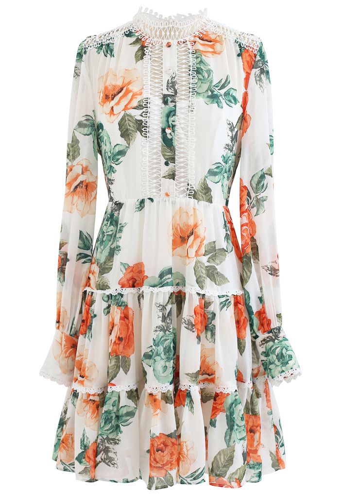 Floral Print Crochet Trim Frilling Chiffon Dress in White