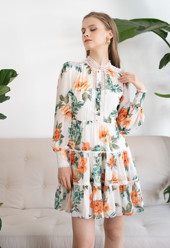 Floral Print Crochet Trim Frilling Chiffon Dress in White