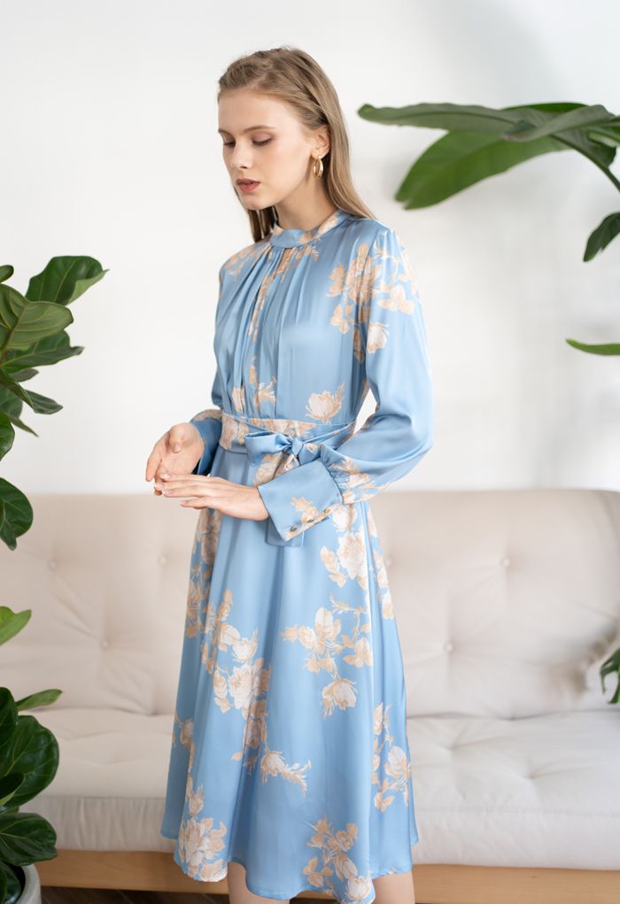 Grab the Spotlight Floral Bowknot Satin Dress in Blue