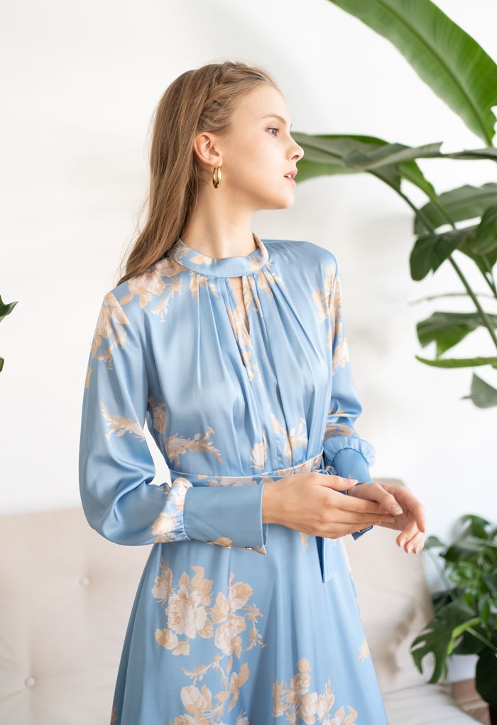 Grab the Spotlight Floral Bowknot Satin Dress in Blue