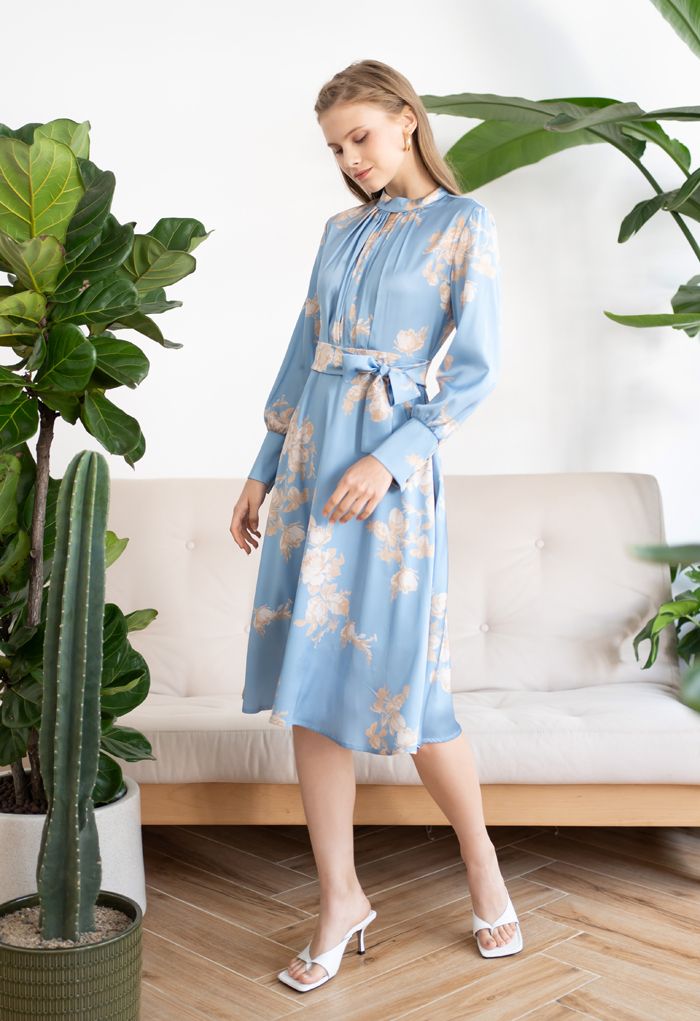 Grab the Spotlight Floral Bowknot Satin Dress in Blue