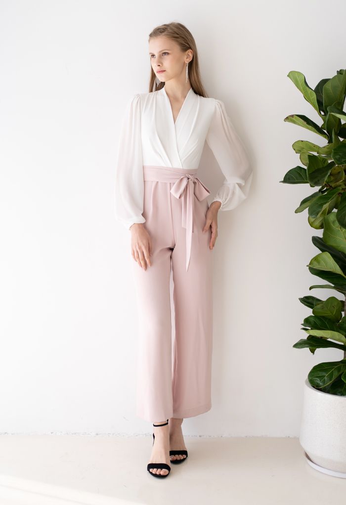 V-Neck Surplice Belted Jumpsuit in Pink