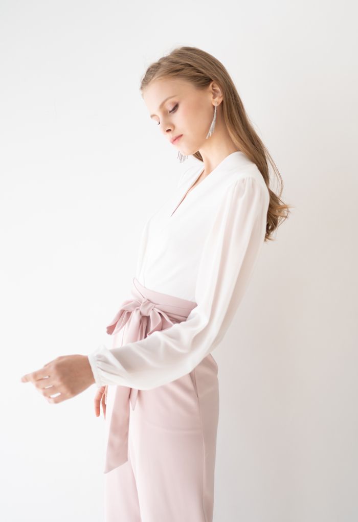 V-Neck Surplice Belted Jumpsuit in Pink