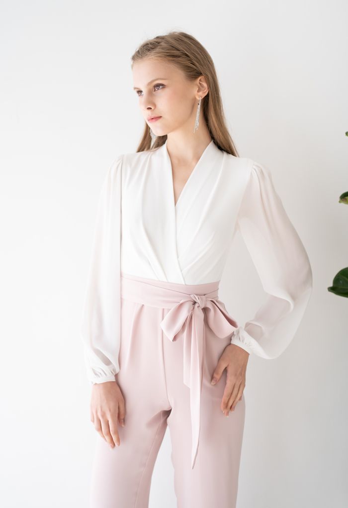 V-Neck Surplice Belted Jumpsuit in Pink