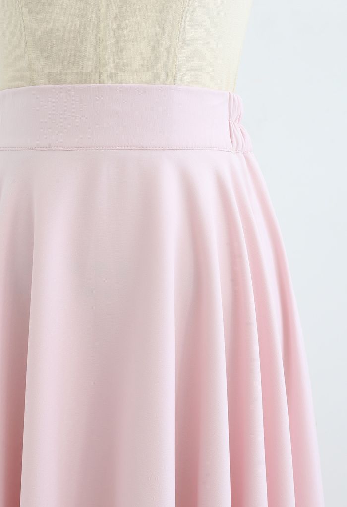 Solid Color Elastic Waist Flare Midi Skirt in Pink
