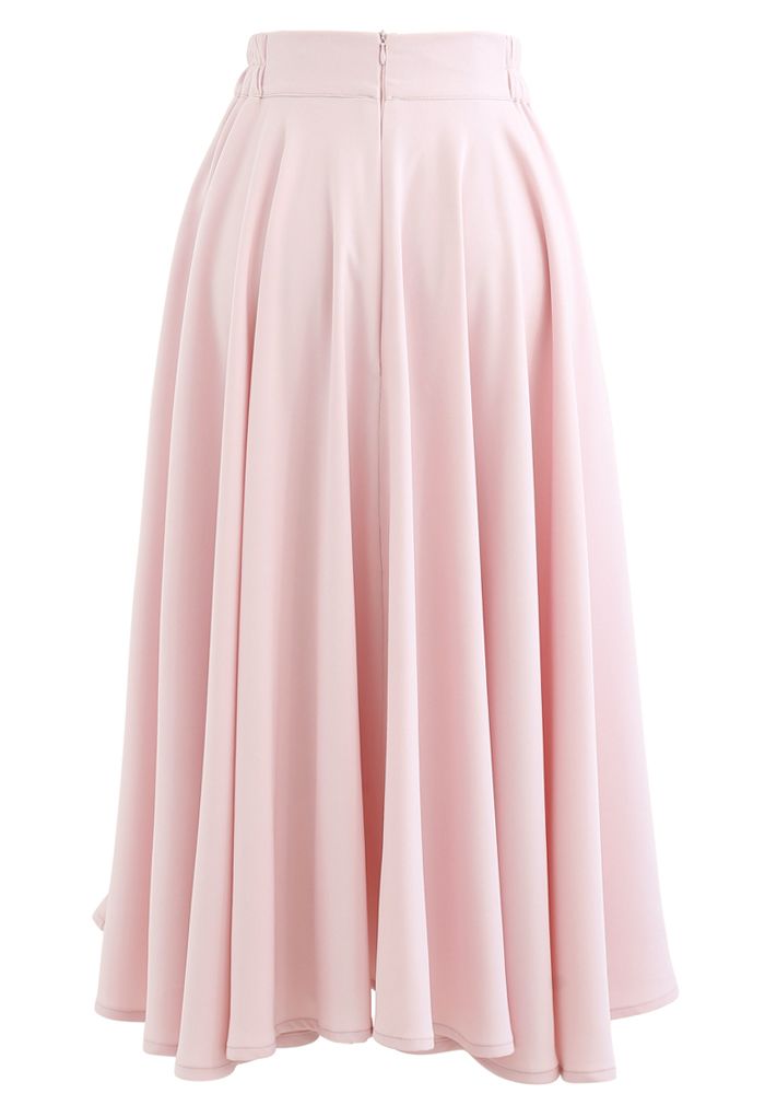Solid Color Elastic Waist Flare Midi Skirt in Pink