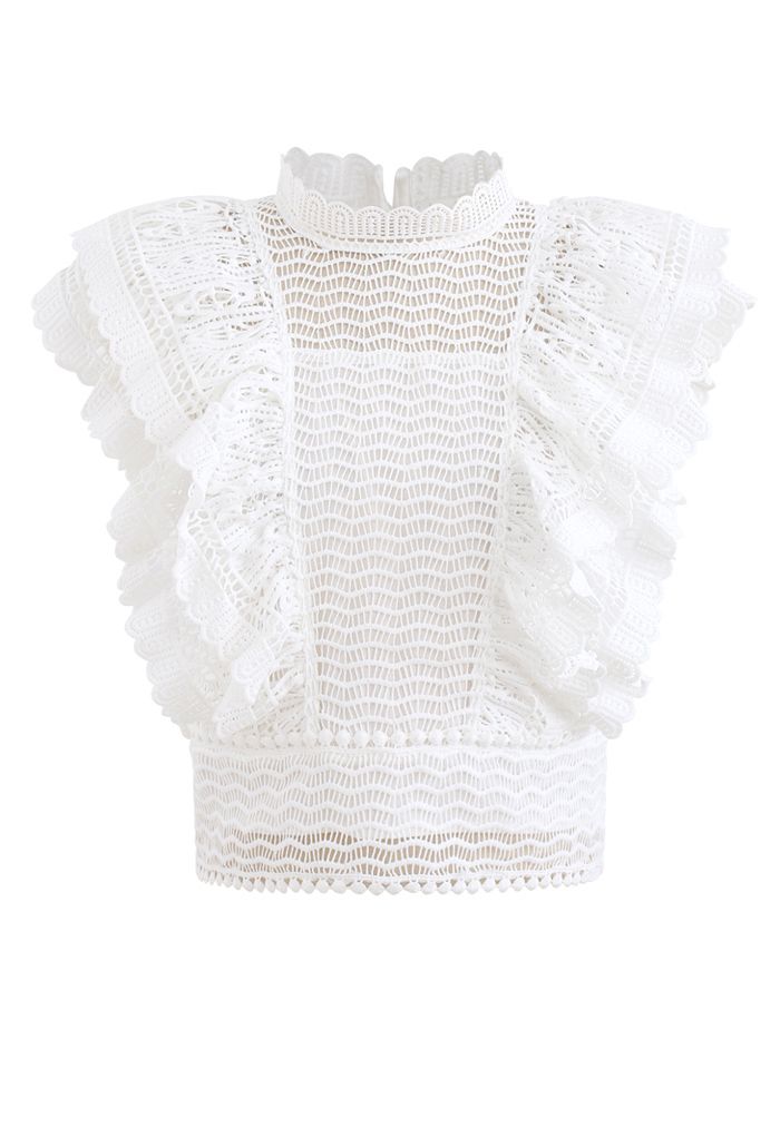 Tiered Ruffle Crochet Mock Neck Sleeveless Top in White