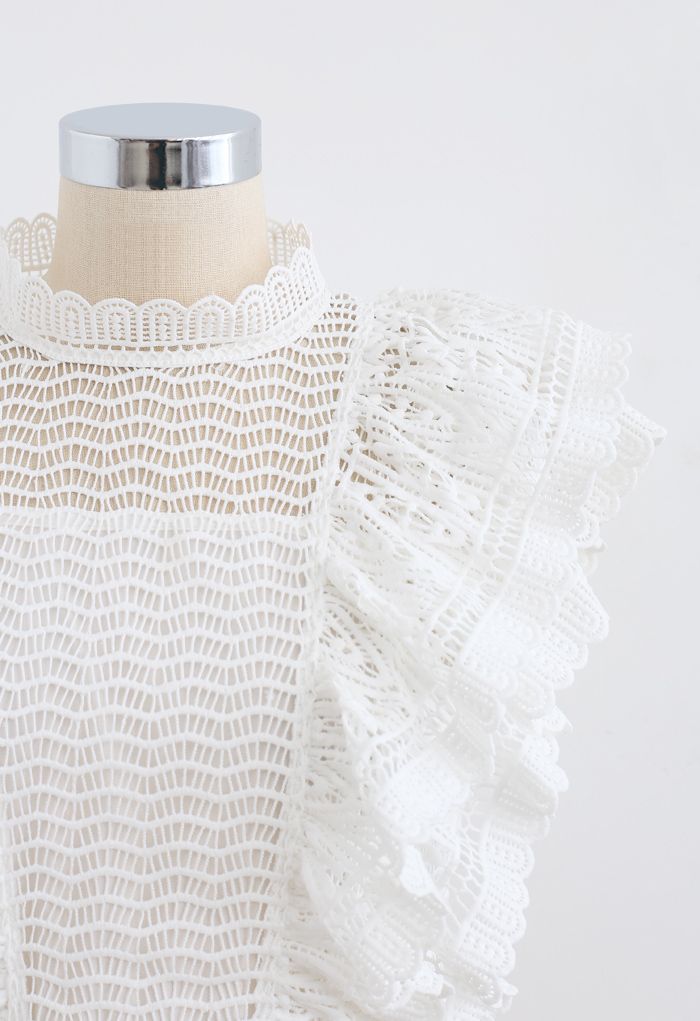Tiered Ruffle Crochet Mock Neck Sleeveless Top in White