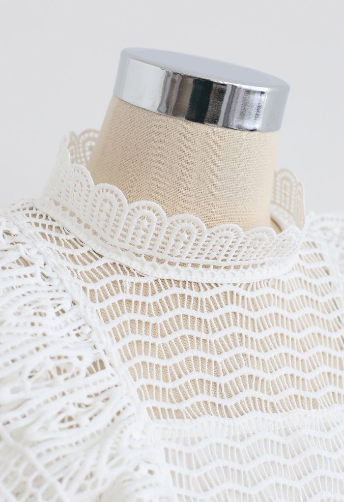 Tiered Ruffle Crochet Mock Neck Sleeveless Top in White
