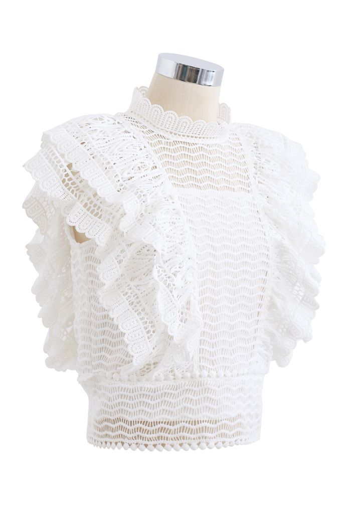 Tiered Ruffle Crochet Mock Neck Sleeveless Top in White