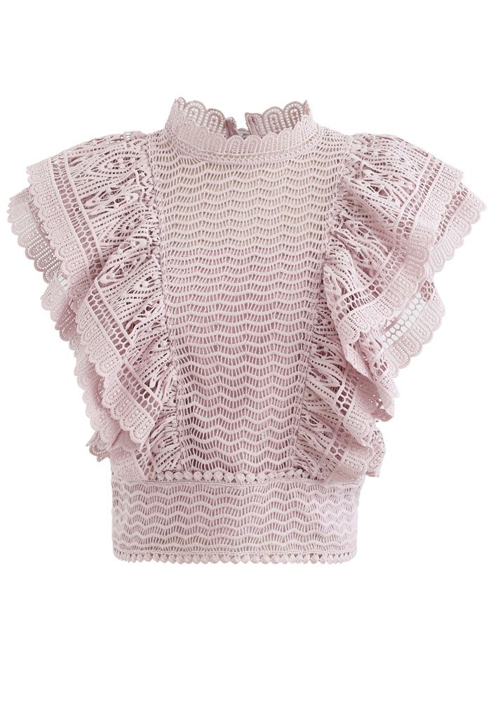 Tiered Ruffle Crochet Mock Neck Sleeveless Top in Pink