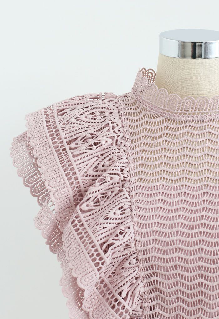Tiered Ruffle Crochet Mock Neck Sleeveless Top in Pink