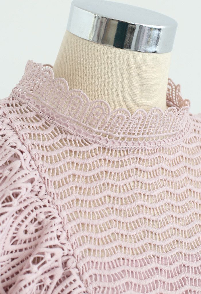 Tiered Ruffle Crochet Mock Neck Sleeveless Top in Pink