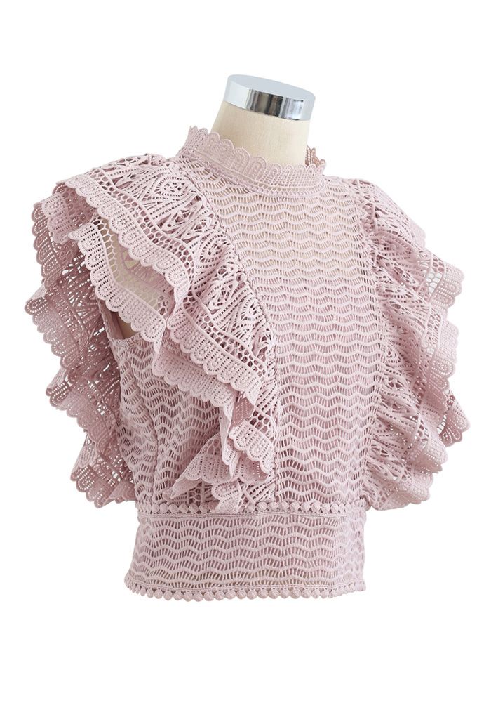 Tiered Ruffle Crochet Mock Neck Sleeveless Top in Pink