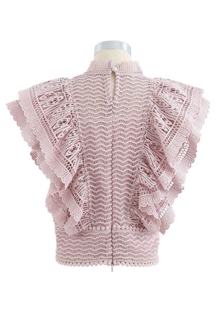 Tiered Ruffle Crochet Mock Neck Sleeveless Top in Pink