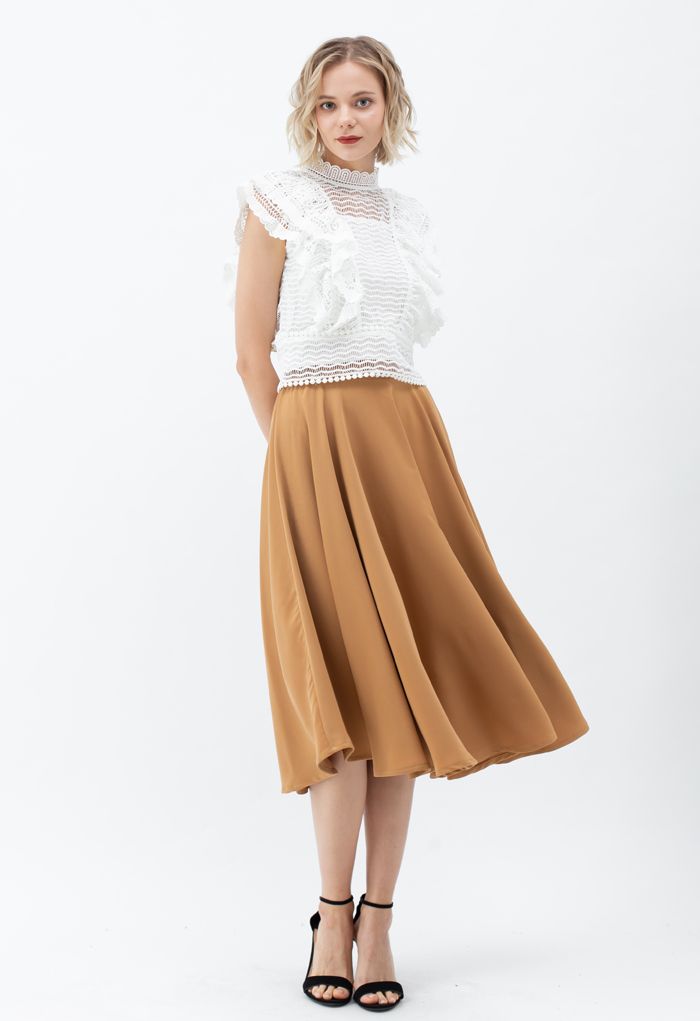 Tiered Ruffle Crochet Mock Neck Sleeveless Top in White
