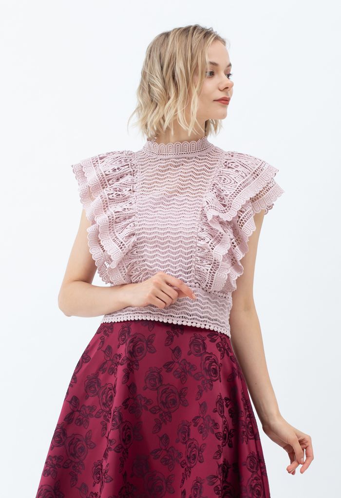 Tiered Ruffle Crochet Mock Neck Sleeveless Top in Pink