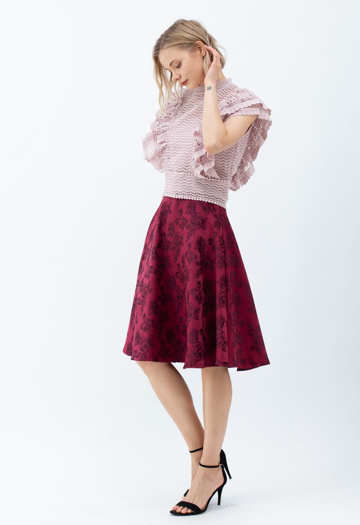 Tiered Ruffle Crochet Mock Neck Sleeveless Top in Pink