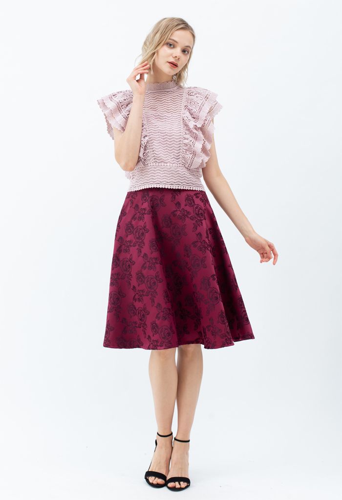 Tiered Ruffle Crochet Mock Neck Sleeveless Top in Pink