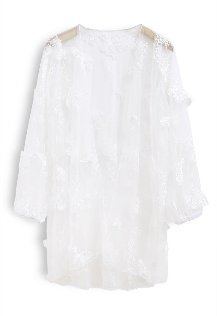Halter Tied Ruffle Swimsuit with Mesh Kimono in White