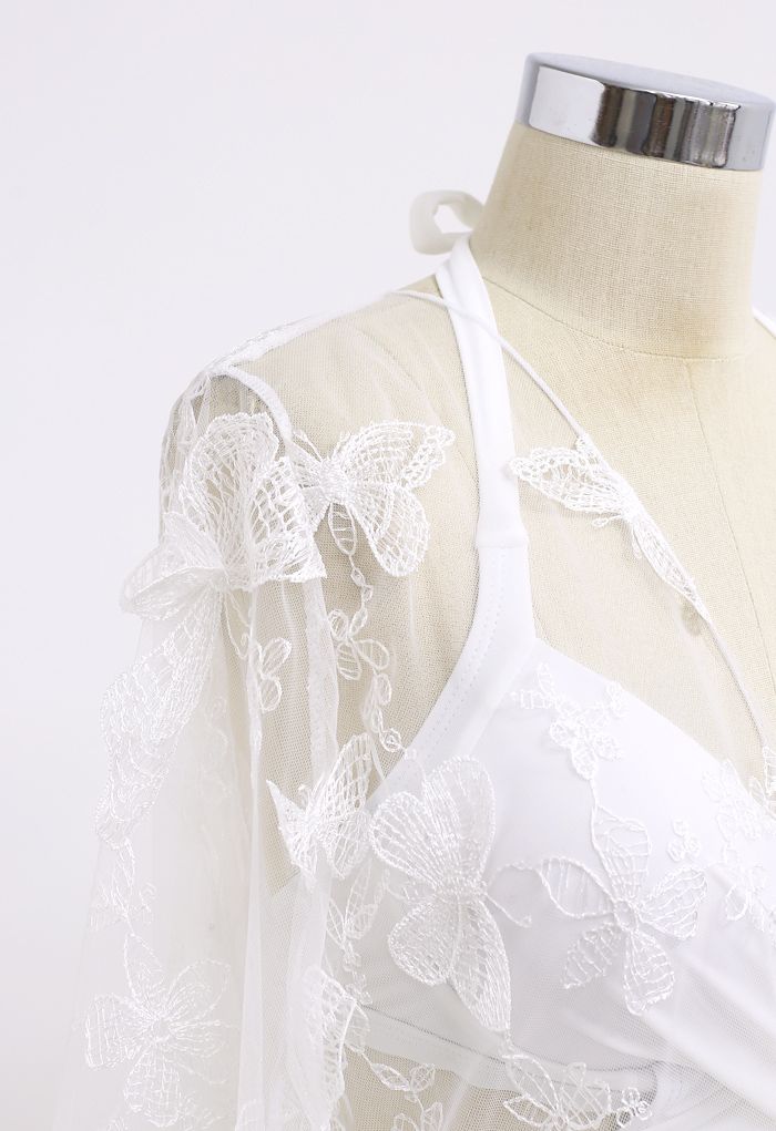 Halter Tied Ruffle Swimsuit with Mesh Kimono in White