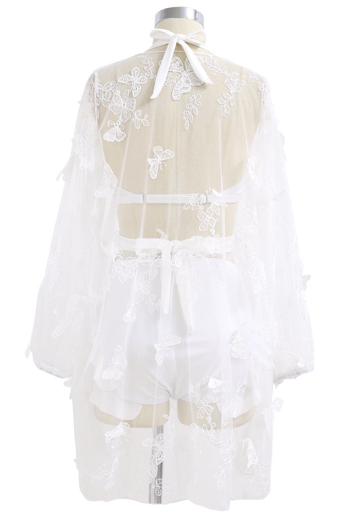 Halter Tied Ruffle Swimsuit with Mesh Kimono in White