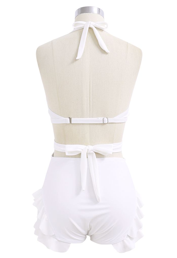 Halter Tied Ruffle Swimsuit with Mesh Kimono in White